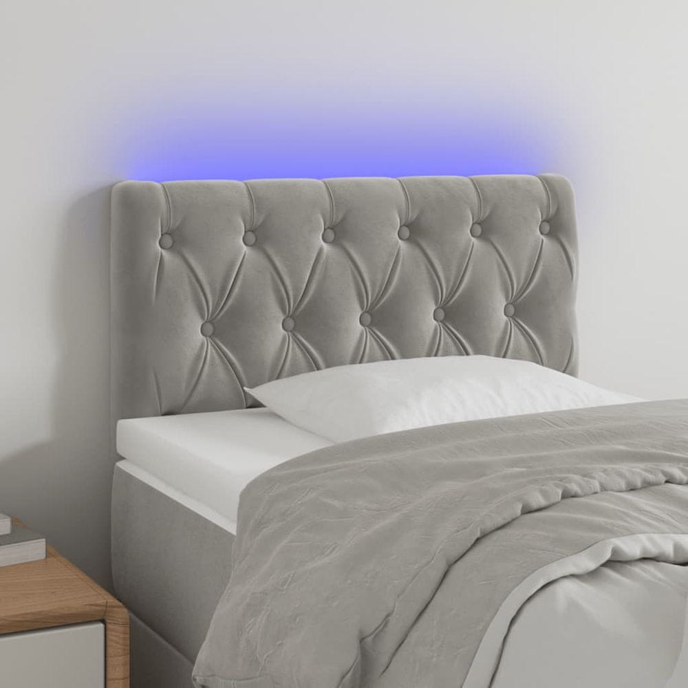 Vidaxl Čelo postele s LED bledosivé 80x7x78/88 cm zamat
